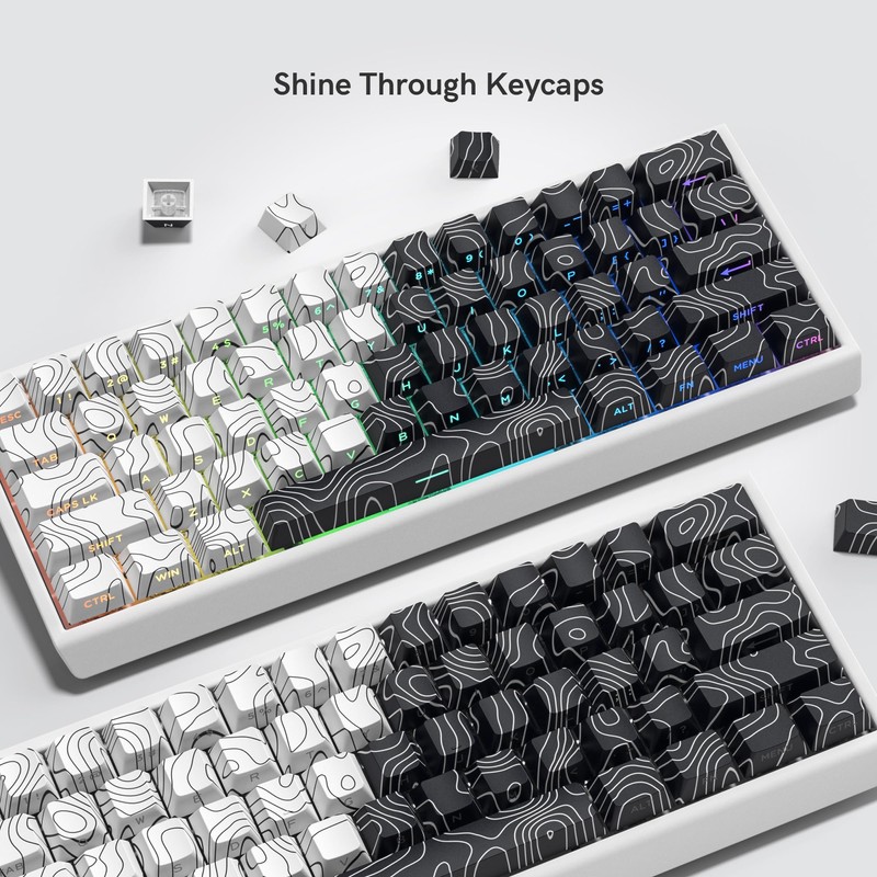 double shot PBT keycaps,white and black,Topographic keycaps,lines backlit,Shine Through keycap,Side