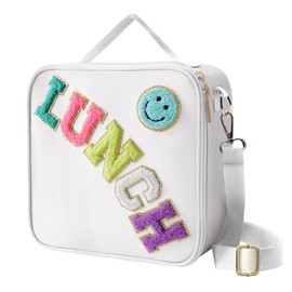 Insulated Lunch Bag With Adjustable Shoulder Strap, Nylon Preppy Lunch Box Large Insulated Lunch Bag Reusable Lunch Tote Bag with Smiley Preppy LunchBag for Girls School Travel Picnic (White)