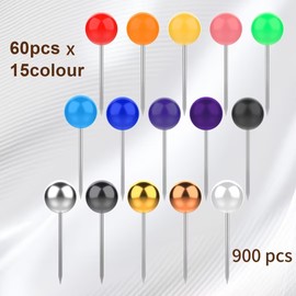 APKOL Pack of 900 Round Head Pins, Push Pins, 15 Colours Map Pins, Colourful Map Pins, Map Pins, Nail Push Pins for DIY, Wall Cards, Bulletin Board, Cork Boards