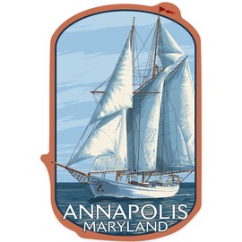 Die Cut Sticker Annapolis, Maryland, Schooner Sailboat Scene, Contour Vinyl Sticker 3 to 6 inches, (Waterproof Decal for Cars, Water Bottles, Laptops, Coolers), Large