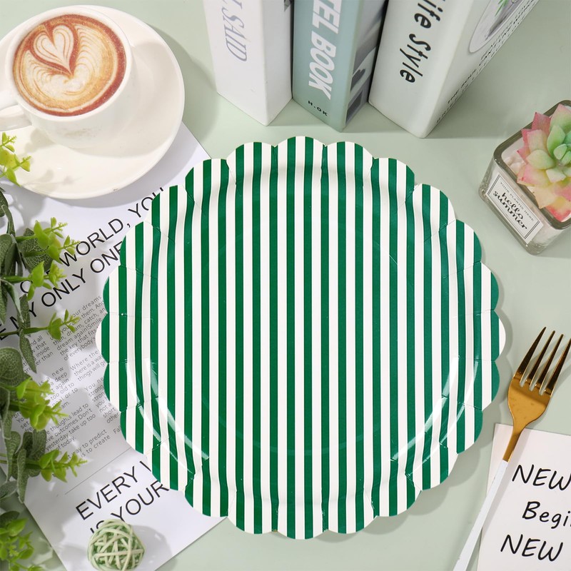 30Pcs Green Striped Paper Plates, Scalloped, Minimalist, 9 In