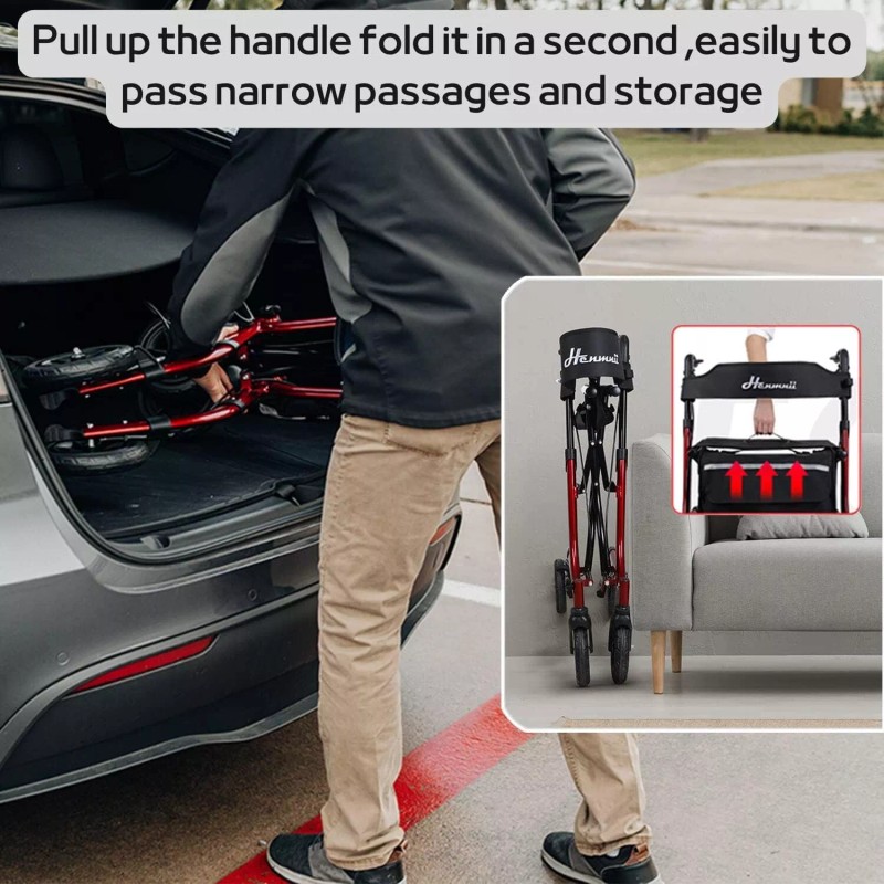 Henmnii All-Terrain Rollator Walker for Seniors Rubber Wheels Foldable Lightweight