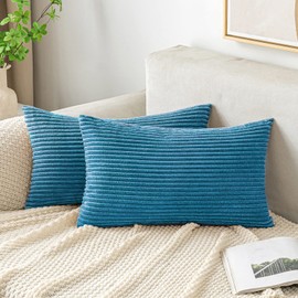 EMEMA Cushion Covers Corduroy Oblong Throw Pillow Covers Striped Soft Sham Home for Sofa Couch Bedroom Decorative Pillowcases 12x20 Inch 30x50cm Set of 2 Lake-blue