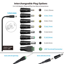 Tonton Universal Adapter 1.8 m, 12 V 0.3 A 0.5 A 0.8 A 1 A 2 A Charger, 5.5 mm x 2.1 mm with 8 DC Plug Adapters for CCTV Camera, WLAN Router, Hub, LED Strip, Telecom, Scanner, Switch, Doorbell (12 V ~