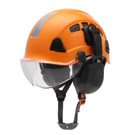 LOHASPRO Safety Helmet Hard Hat with Visor and Ear Muffs Work Helmet 6 Point Suspension ANSI Z89.1 Approved for Tree Chainsaw(Orange with Clear Visor+Earmuffs)
