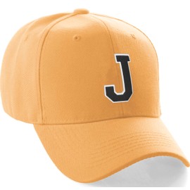 Classic Baseball Hat Custom A to Z Initial Team Letter, Yellow Cap White Black Letter J