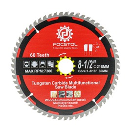 FOCSTOL Circular Saw Blade 216 mm x 30 mm - 60 Teeth for Wood, Aluminium, Plastic and Non-Ferrous Metals