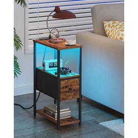 TUTOTAK Small Narrow LED End Table with Charging Station, Side Table Outlets, Nightstand with Cloth Drawer, Set of 2, Couch Table, for Living Room, Bedroom, Bedside, Brown TB01BB059