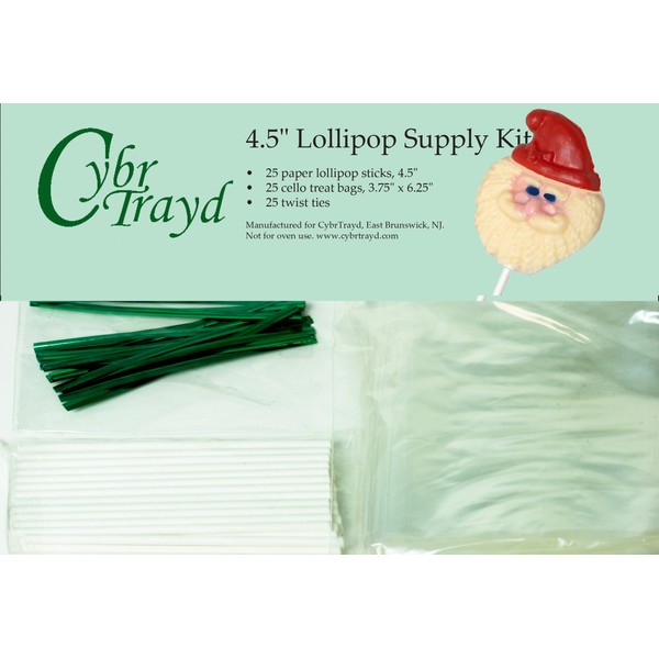 Cybrtrayd 4.5-Inch Christmas Lollipop Supply Bundle, Includes 25 4.5-Inch Lollipop Sticks, 25 Green Twist Ties, 25 Treat Bags and Copyrighted Chocolate Molding Instructions from Cybrtrayd