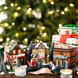 Valery Madelyn Pre-Lit Christmas Village Set House Decoration, Battery Operated Christmas Figurine Accessories Town Building Collection for Holiday Xmas DIY Tabletop (17 PCS)