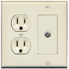 RiteAV (2 Gang Decorative) 15 Amp Round Power Outlet Coax Cable TV Wall Plate - Light Almond