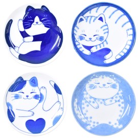 Product of Gifu Japan Mino Ware Japanese Mini Side Condiment Plate, Sushi Soy Sauce Fruit Cake, NEKOCHIGURA Cat Design, 3.9 inch, 4 Pattern Set