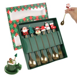 Juego de 6 Cucharas y Tenedores Navideños, Cubiertos de Acero Inoxidable 410, Cubiertos Reutilizables con Diseños de Santa Claus, Reno y Árbol de Navi