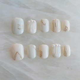 GLORS Short Nail Tip with White Pearl, Elegant Gold Shell Design, Handmade Press On, Square Shape (QA006_S)