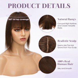 Charites Hair Toppers for Women Real Human Hair 16 Inch Long Straight Toppers for Women with Thinning 7 * 13CM Silk Base Clip in Hairpieces with Bangs (Medium Brown)