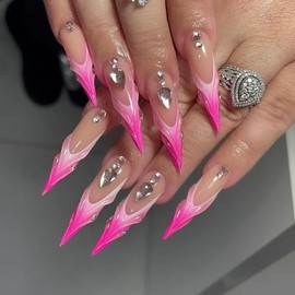 Stiletto Nails Long Almond Press on Nails Pink French Tip RIICFDD Fake Nails Rhinestone Nail Charms False Nails 3D Water Ripple Designs Full Cover Acrylic Nails for Women Girls Nail Decor 24 Pcs
