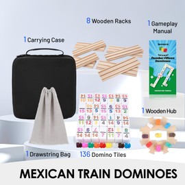 Demteric Mexican Train Dominoes Double 15 with 8 Wooden Holders | 136 Colorful Number Dominos Tiles for Adults, Travel Board Game for Family Nights, Cognitive Strategy Games for 2-8 Players