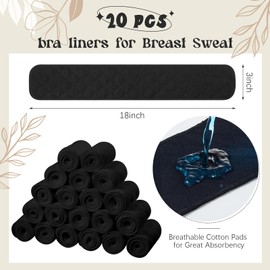 Toulite 20 Pcs Bra Liners for Sweat 18x3 Inch 3 Layer Washable Rectangle Cotton Under Breasts Pads for Women Absorb Sweating (Black)