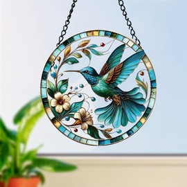 Hummingbird Stained Glass Window Hangings with Chain – Acrylic Bird Flower Ornament for Garden, Patio and Indoor Decor, Housewarming Gift for Mom, Grandma and Nature Lovers