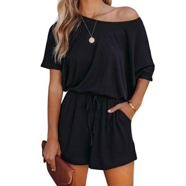 Lacozy Women 2024 Summer Short Sleeve Off The Shoulder Rompers Casual Shorts One Piece Overall Jumpsuit Outfits Black S