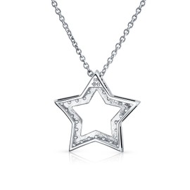 Cubic Zirconia CZ Celestial Patriotic American USA Open Rock Star Pendant Necklace For Women Teen .925 Sterling Silver