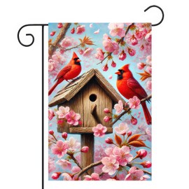 BlissYard Cardinal Spring Summer Garden Flag 12×18 Inch Double Sided Flower Cherry Blossoms Red Bird House Yard Flag Decorations for Lawn Yard Outdoor Birdhouse Farmhouse Decor