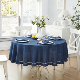 Newbridge Fabric Round Tablecloth, 70 Inch, Fall Provence Lattice Cutwork Solid Color Textured, Water and Stain Resistant Easy Care Fabric Table Cloth for Parties and Buffets, Denim Blue