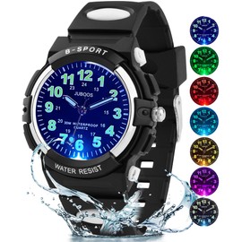 Juboos New 7-Colour Children's Watches, Children's Watch Boys Girls Analogue Quartz Watch with Wrist Watch Rubber Waterproof Outdoor Sports Watches 5–16, black, Modern
