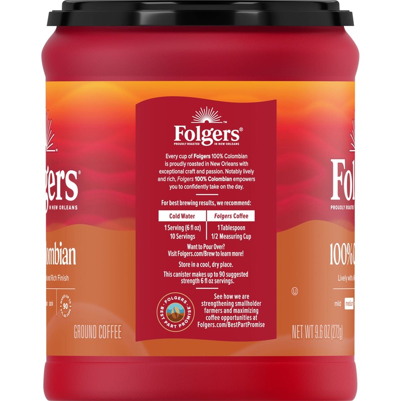 Folgers 100% Colombian Coffee, Medium Roast Ground Coffee, 9.6 Ounce