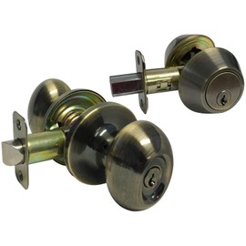 eBuilderDirect Antique Brass Entry Entrance Oval Egg Shaped Knob Handle with Matching Double Cylinder Deadbolt (keyed on Both Sides) Combo Pack Keyed Alike 6093AB (1 Set)