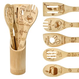JNEYVIC Set of 6 Wooden Cooking Spoons Engraved Wooden Spoon for Cooking Bamboo Spoon Wooden Spoon Bamboo Kitchen Utensils Set for Women Kitchen Birthday Gifts Housewarming Gift