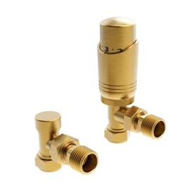 Team Controls Brushed Brass Angled Thermostatic Radiator Valves & Lockshield 15mm Pack Set KT, 15mm x 1/2''