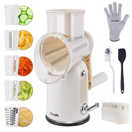 SLEEKDR 5 in 1 Rotary Cheese Grater Vegetable Slicer with Handle - Upgraded Hand Crank Cheese Grater with Handle and Strong Suction Base, Multi-Purpose Vegetable Slicer with 5 Well-Designed Blades