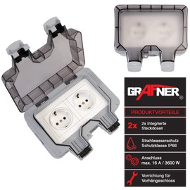 Grafner Outdoor Socket IP66, Waterproof, Dustproof, 2-Way, with Hinged Lid and Clamping Seals, 3600 Watt, Double Socket Surface-Mounted Socket, Wet Room, Garden, Double Socket, Weatherproof