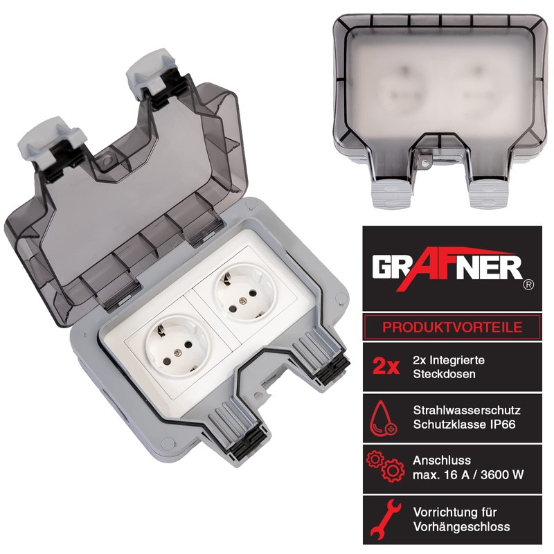 Grafner Outdoor Socket IP66, Waterproof, Dustproof, 2-Way, with Hinged Lid