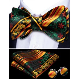 Barry.Wang Mens Christmas Bow Tie Set Xmas Self tied Bowties Fun Santa Snowflake Tree Holiday Festival Handkerchief Cufflink Red Green