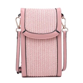 JEN & CO. Women's Straw Crossbody Phone Wallet Purse With Adjustable Removable Shoulder Strap Vegan Leather Blush Pink, Blush Pink