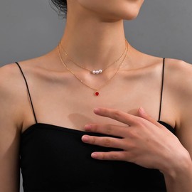 Inilbran Boho Ruby Crystal Choker Necklace Layered Red Crystal Pendant Necklace Vintage Pearl Necklace Choker Gold Ruby Gemstone Necklace Chain Jewelry for Women and Girls