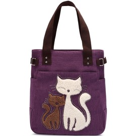 Canvas Tote Handbag for Women Cute Cat Embroidery Shoulder Purse Large Zipper Travel Work Shopping Grocery Bags