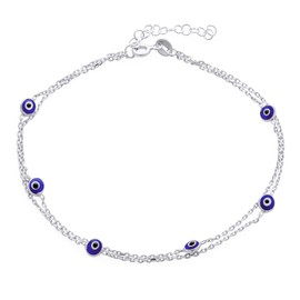 Protection Amulet Minimalist Delicate Double Row Navy Blue Evil Eye Anklet Ankle Bracelet for Women Teen .925 Sterling Silver 8.5-9.5 Inch