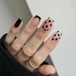 Black Heart Press on Nails Short Square Fake Nails French Tip Acrylic Nails Press on False Nails Valentine Design Nude Pink Glossy Reusable Full Cover Glue on Nails Stick on Nails for Women 24Pcs