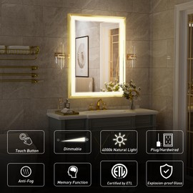 SNHOOR 20x28 Inch Led Bathroom Mirror, Gold Metal Framed Lighted Vanity Mirror, Wall Mounted Bathroom Mirror with Lights, 4000k Natural Light, Anti Fog, Hd Glass, Design Dimmable&Touch Switch
