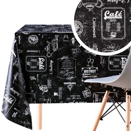 Dark Wipe Clean Pattern Tablecloth Coffee Shop Chalk Pattern - Rectangle 200x140cm | 78x55in For Rectangular Tables Up To 6 Seats - Heavy Weight Waterproof Oilcloth PVC Table Cloth Black | White