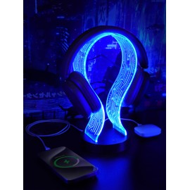 CoolGift Mart Illuminated Headphone Stand with 16 Colour Lights, PCB Pattern Acrylic Headphone Stand with 1 USB and 1 Type-C Charging Ports, Gifts for Gamers Men and Music Lovers