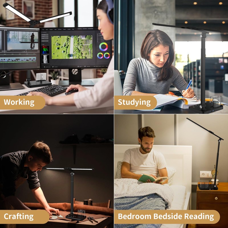 Desk Lamp, Dual Head, Height Adjustable, Dimmable Bedside Lamp with