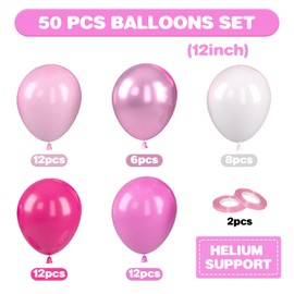 Saxuxu Pink Balloons, 12 Inch Hot Pink Balloons, Pastel Pink Metallic Pink White Latex Balloons Helium for Girls Birthday Baby Shower Wedding Gender Reveal Bridal Shower Princess Party Decoration