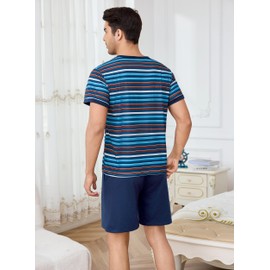 Jezonga Men's Pyjamas Short Cotton Nightwear Set Pyjamas Shorty Summer Pyjamas Men Short Sleeve Sleepwear with Button Placket, A#blue