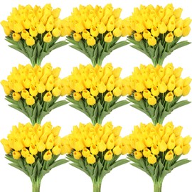 100 Pcs Artificial Tulip Real Touch Flowers False PU Tulips Faux Latex Bouquet Flower Centerpieces Arrangement Wedding Bridal Bouquet for Christmas Holiday Garden Home Decorations Party (Yellow)