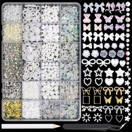 BELICEY 3D Nail Charms Set Aurora White Bow Flower Heart Star Nail Art Charms Half Round Pearls Flatback Gems Gold Silver Alloy Nail Art Supplies DIY Crafts Manicure Design Accessories
