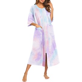 Ekouaer Zipper Robe for Women 3/4 Sleeve Housecoats Full Length House Dress Loungewear Long Nightgown with Pockets Tie Dye Blue,3X-Large